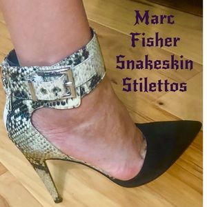 Marc Fisher Black and Cream Crocodile Leather & Suede Heels EUC Size 9